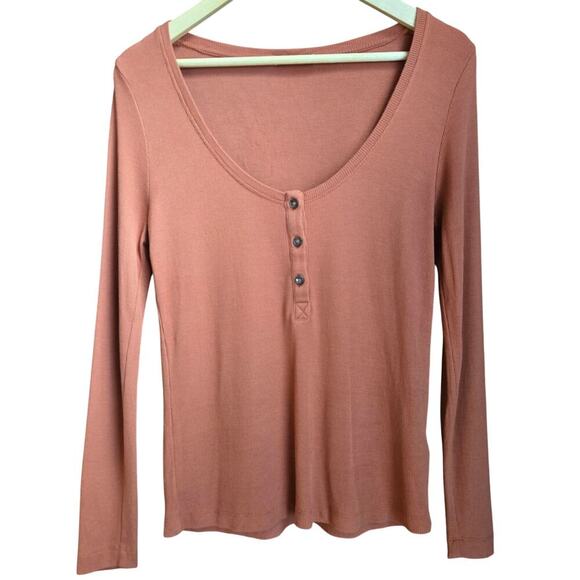 Marine Layer Women Lexi Scoop Neck Henley Top L Clay Basic Minimalist Casual - Picture 1 of 11